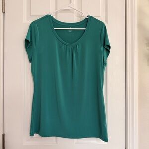 Worthington Teal Knit Pleated Short Sleeve Scoop Neck Blouse Size L